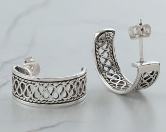 Silver Filigree Boho Huggie Wide C Hoop Earrings, 925 Sterling Unique Ornate Earrings Artisan Handcrafted Filigree Handmade Jewelry