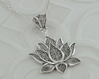 Sterling Silver Lotus Floral Women Pendant Necklace, 925 Silver Artisan Handmade Filigree Large Fancy Lotus Spiritual Flower Jewelry