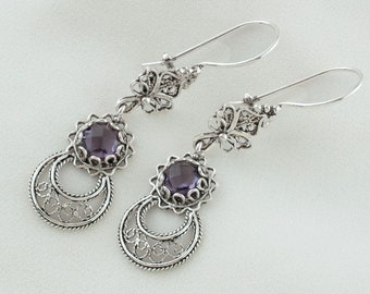 Amethyst Silber Boho Stern und Mond Tropfen Ohrringe, Sterling Silber Lila Edelstein Handgemachte Ethnische Filigree Frauen Baumeln Ohrringe Schmuck