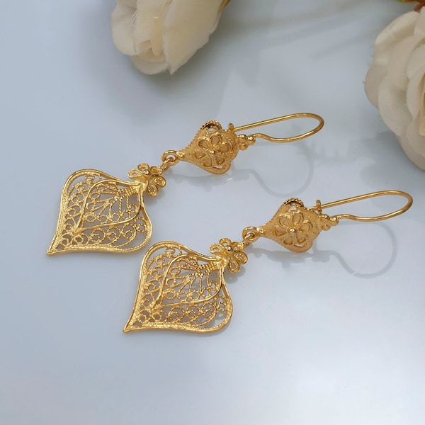 Pendientes de filigrana artesanales de plata de ley 925 chapados en oro, joyería hecha a mano con diseño de hojas florales para mujer