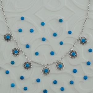 Turquoise Silver Minimalist Floral Charm Necklace Pendant, 925 Sterling Artisan Handcrafted Filigree Delicate Flower Necklace Dainty Jewelry