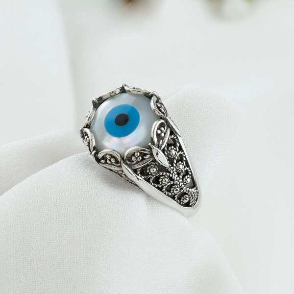 Mother of Pearl Evil Eye Silver Promise Ring, Sterling Silver Artisan Handmade Filigree Luxury Engagement Women Ring, Ornate Ring for Luck