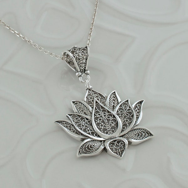 Sterling Silver Lotus Floral Women Pendant Necklace, 925 Silver Artisan Handmade Filigree Large Fancy Lotus Spiritual Flower Jewelry