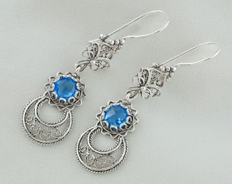 Blue Quartz Silver Star & Moon Charm Drop Earrings, Sterling Silver Blue Stone Handmade Filigree Women Victorian Chic Dangle Earrings