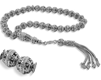 Zilveren filigraan handgemaakte tasbih, misbaha, tasbeeh, sibha, rozenkrans, tesbih, 925 sterlingzilver gebed 8 mm 33 stuks zorgkralen