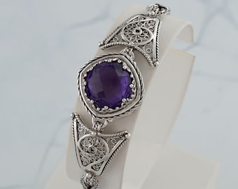 Amethyst Silver Floral Boho Bracelet, 925 Sterling Silver Genuine Gemstone Artisan Handmade Filigree Bracelet