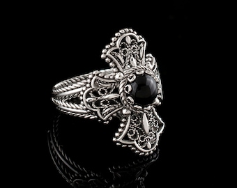 Black Onyx Silver Gothic Medieval Cross Ring, 925 Sterling Silver Artisan Handmade Filigree Unisex Celtic Cross Ring, Religious Jewelry