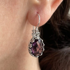 Amethyst Silver Victorian Heart Drop Earrings, Purple Gemstone 925 Sterling Silver, Handmade Filigree Dangle Woman Earrings Jewelry