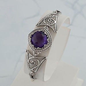 Amethyst Silver Floral Boho Bracelet, 925 Sterling Silver Genuine Gemstone Artisan Handmade Filigree Bracelet