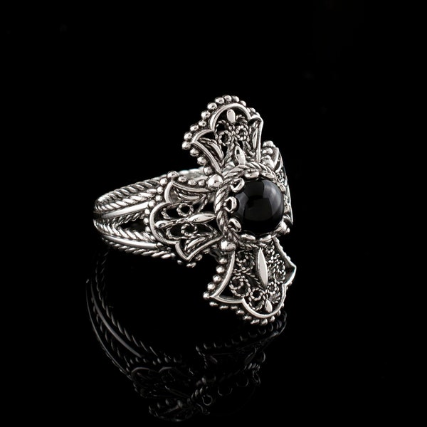 Black Onyx Silver Gothic Medieval Cross Ring, 925 Sterling Silver Artisan Handmade Filigree Unisex Celtic Cross Ring, Religious Jewelry