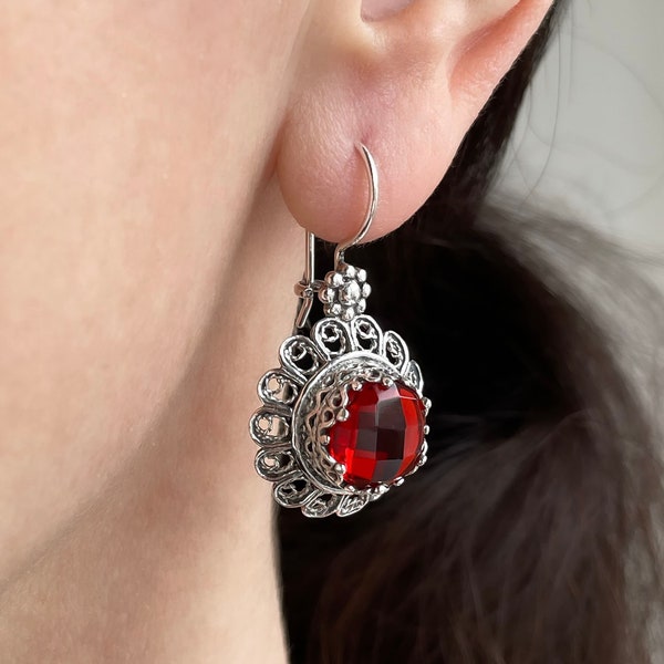 Ruby Silver Vintage Edwardian Boho Drop Earrings, 925 Sterling Silver Red Quartz Gemstone Handmade Filigree Floral Women Dangle Earrings