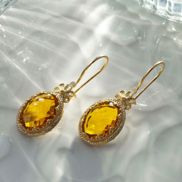 Gold Citrine Victorian Vintage Silver Drop Earrings, 925 Sterling Silver Gold Plated Handmade Filigree Floral Woman Dangle Earrings Jewelry