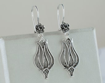 Tulip Floral Silver Dangle Earrings 925 Sterling Silver Flower Drop Earrings Artisan Handcrafted Filigree Rose Earrings Handmade Jewelry
