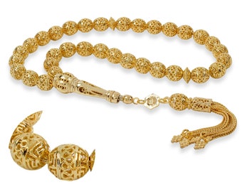 Gouden ovale kralen Griekse sleutel Meander Tasbeeh, Tasbih, Misbaha, rozenkrans, Sibha, Tesbih, sterlingzilver verguld filigraan handgemaakt 33 stuks