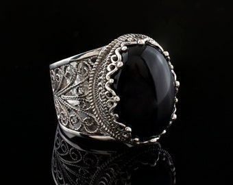 Black Onyx Gothic Silver Boho Statement Ring, 925 Sterling Silver Artisan Made Oval Filigree Ornate Ring Handmade Women Fancy Jewelry