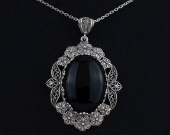 Silver Boho Black Onyx Pendant Jewelry, 925 Sterling Silver Gothic Big Stone Pendant Artisan Handmade Floral Filigree Oval Statement Pendant