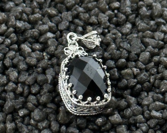 Black Spinel Silver Victorian Pendant Necklace, 925 Sterling Artisan Made Filigree, Boho Woman Handmade Jewelry