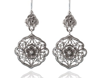 Floral Silver Dangle Earrings 925 Sterling Silver Flower Drop Earrings Artisan Handcrafted Filigree Earrings Women Handmade Jewelry