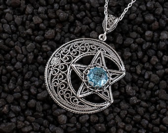 Blauer Topas Mond & Stern Anhänger Filigrane Sterling Silber Celestial Halskette