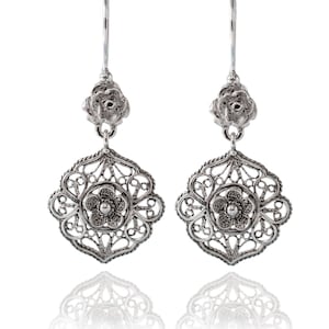 Floral Silver Dangle Earrings 925 Sterling Silver Flower Drop Earrings Artisan Handcrafted Filigree Earrings Women Handmade Jewelry