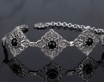 Black Onyx 925 Sterling Silver Gothic Bracelet, Artisan Handmade Filigree Dainty Bracelet, Wedding Women Jewelry