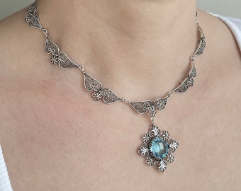 Sky Blue Topaz Silver Choker Victorian Necklace, 925 Sterling Genuine Gemstone Artisan Handcrafted Ornate Filigree Floral Jewelry
