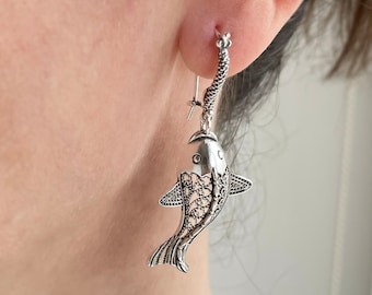 Sterling Silver Goldfish Koi Fish Dangle Earrings, Artisan Handmade Filigree Salmon Fishing Women Earrings, Trout Fish Earrings