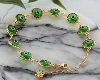 Gold Plated Silver Green Evil Eye Charm Bracelet, Good Luck Charm, Transparent Green Murano Glass Beads, Gold Filled Protection Bracelet