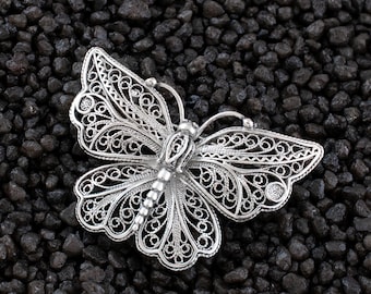 Silver Butterfly Filigree Brooch Pin, 925 Sterling Silver Handmade, Dainty Ornate Nature Inspired Art Nouveau Vintage Style Brooch for Women