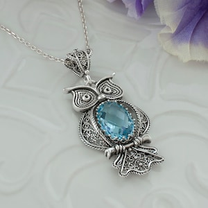 Blue Topaz Silver Owl Victorian Boho Pendant Necklace, 925 Sterling, Artisan Handmade Filigree Fancy Animal Lover Jewelry, Owl Lover Gift
