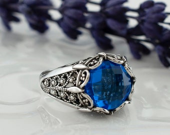 Blue Quartz Silver Floral Cocktail Ring, 925 Sterling Silver Artisan Handmade Vintage Boho Filigree Statement Ring