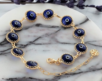 Gold Plated Silver Dark Blue Evil Eye Charm Bracelet, Good Luck Charm, Transparent Murano Glass Beads, Gold Filled Protection Bracelet