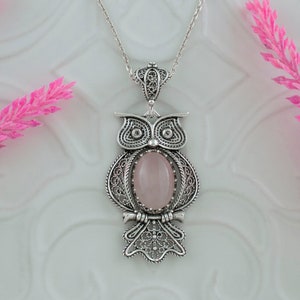Rose Quartz Silver Owl Boho Pendant Necklace, 925 Sterling Silver Artisan Handmade Filigree Fancy Animal Lover Jewelry, Owl Lover Gift