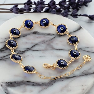 Gold Plated Silver Dark Blue Evil Eye Charm Bracelet, Good Luck Charm, Transparent Murano Glass Beads, Gold Filled Protection Bracelet