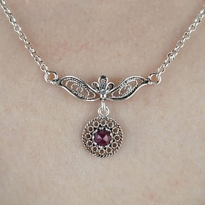 Ruby Corundum Silver Dainty Boho Necklace Pendant, 925 Sterling Artisan Handcrafted Filigree Floral Gemstone Jewelry, Tiny Charm Necklace