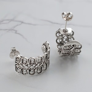 Silver Filigree Boho Huggie Wide C Hoop Earrings, 925 Sterling Twisted Stud Earrings Artisan Handcrafted Filigree Earrings Handmade Jewelry