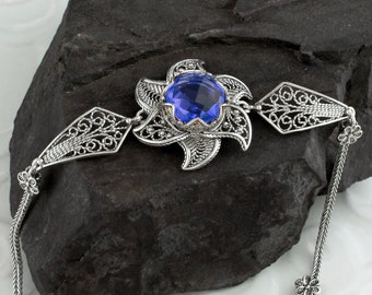 Blue Quartz Silver Filigree Lotus Flower Bracelet, 925 Sterling Silver Handmade Artisan Crafted Floral Ornate Women Chain Bracelet