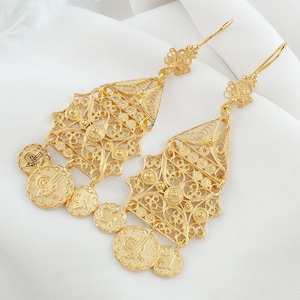 Gold Handmade Ornate Ottoman Filigree Earrings, 925 Sterling Silver 18K Gold Plated Large Dangle Lace Earrings Artisan Made, One of a Kind