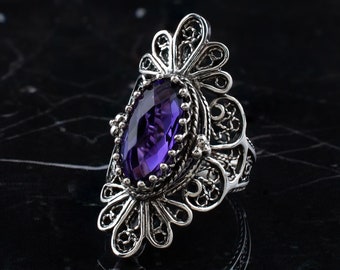 Amethyst Silver Boho Floral Statement Ring, 925 Sterling Artisan Handmade Oval Purple Gemstone Filigree Nature Cocktail Women Ring Jewelry