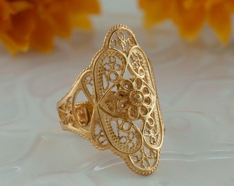 Gold überzogener silberner filigraner Spitze-Blumenring, 925 Sterling-Handwerker gemachter handgemachter Frauen-Ring-Erklärungsring, handgemachter Schmuck