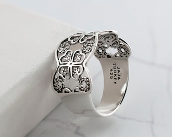 Zilveren brede filigraan bloemen Eternity bandring, 925 sterlingzilver ambachtelijk gemaakte filigraanklaver 10 mm brede bandring handgemaakte sieraden