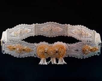 18k Gold Accented 925 Sterling Silver Filigree Art Adjustable Bridal Belt, ONE OF A KIND