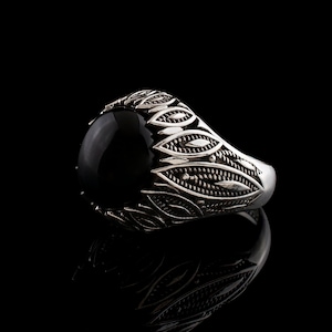 Black Onyx Silver Gothic Floral Cocktail Ring, 925 Sterling Artisan Made Jewelry, Nature Inspired Twig and Leaf Oval Gemstone Statement Ring