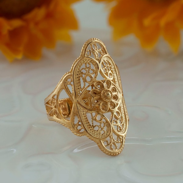 Gold Plated Silver Filigree Lace Floral Ring, 925 Sterling Artisan Made Handcrafted Women Ring Statement Ring, Handmade Jewelry