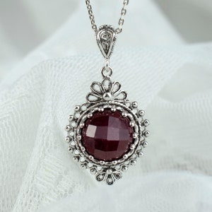 Ruby Silver Victorian Gothic Pendant Necklace, Ruby Corundum 925 Sterling Silver Artisan Handmade Filigree Goth Large Women Jewelry