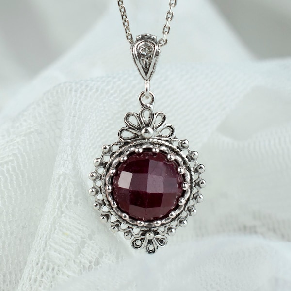 Ruby Silver Victorian Gothic Pendant Necklace, Ruby Corundum 925 Sterling Silver Artisan Handmade Filigree Goth Large Women Jewelry
