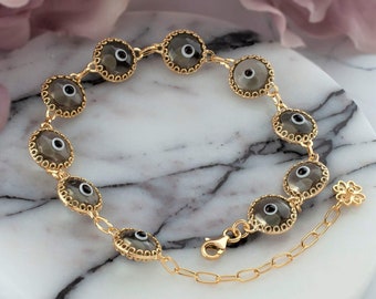 Gold Plated Silver Smokey Evil Eye Charm Bracelet, Good Luck Charm, Transparent Smokey Murano Glass Beads, Gold Filled Protection Bracelet