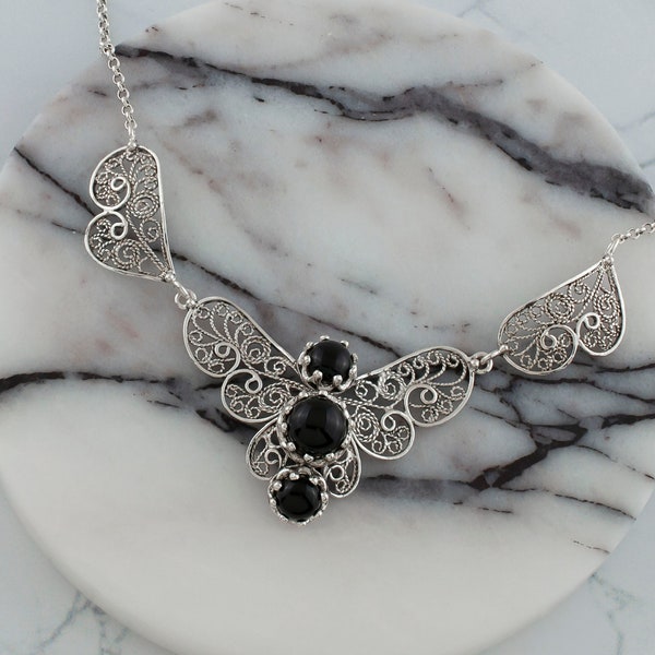 Black Onyx Silver Ornate Gothic Necklace, 925 Sterling Artisan Handcrafted Filigree Victorian Goth Jewelry, Trio Stone Statement Necklace