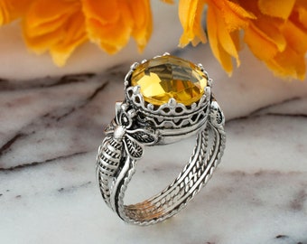 Citrine Silver Filigree Bee Cocktail Ring, 925 Oxidized Sterling Silver Artisan Handmade Bumble Bee Victorian Statement Ring, Honey Bee Ring