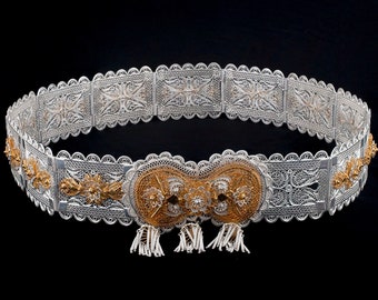 18k Gold Accented 925 Sterling Silver Filigree Art Adjustable Bridal Belt, ONE OF A KIND